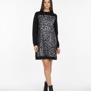Salvatore Ferragamo Black and Leopard Long Sleeve Dress wool and silk